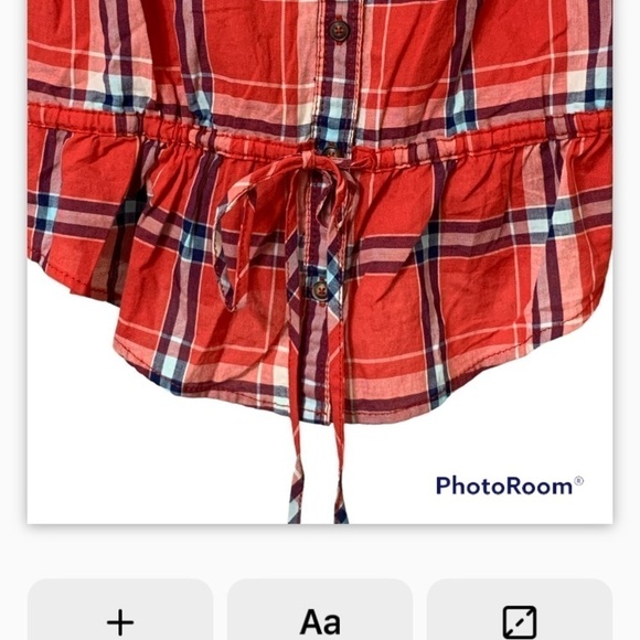 NWT Hollister Flip Cuffs deep ruffle V-neck, LS button-down red plaid blouse - Picture 3 of 10